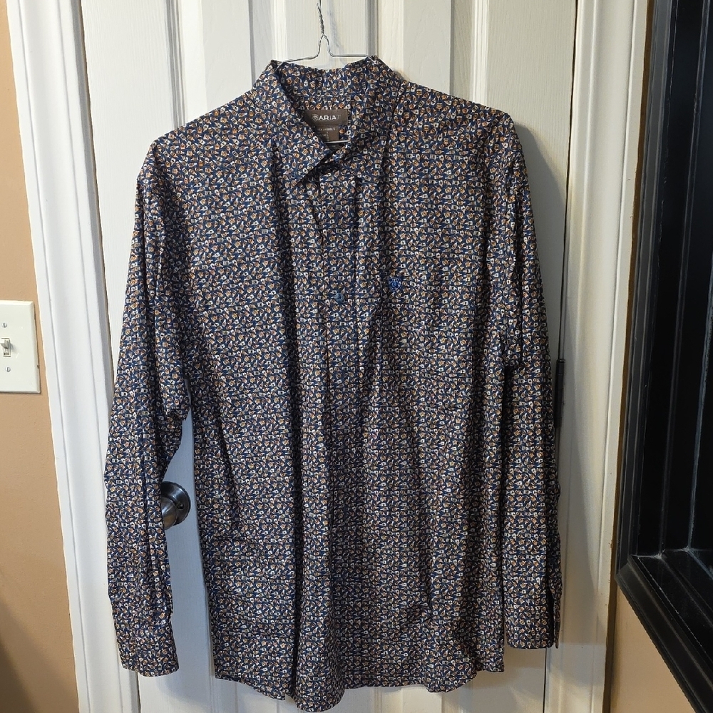 Ariat Men's Blue and Brown Patterned Dress Shirt - Picture 1 of 2